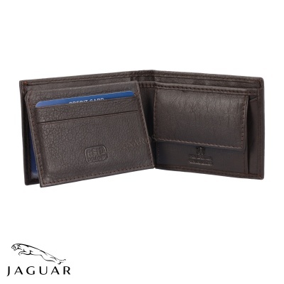 Carteira de couro castanha escura com compartimentos para cartões e porta-moedas