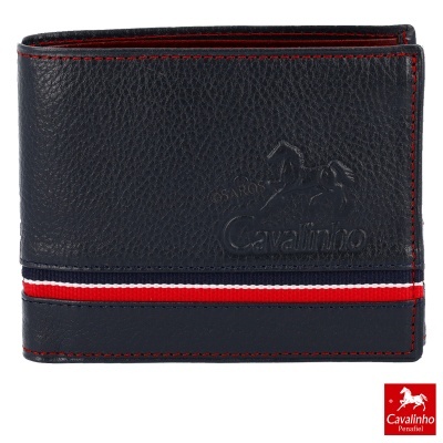 Carteira em pele preta com faixa tricolor e logo Cavalinho em relevo