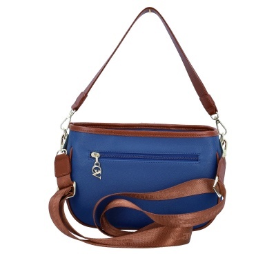 Mala saco azul com detalhes castanhos e fecho prateado