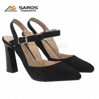 Sapatos de salto alto femininos preto com fivela dourada