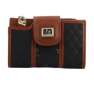 Carteira preta e castanha em pele e tecido com fecho e emblema Cavalinho