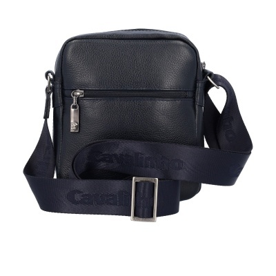 Mala tiracolo azul escuro em pele com alça azul larga de nylon e fecho metálico