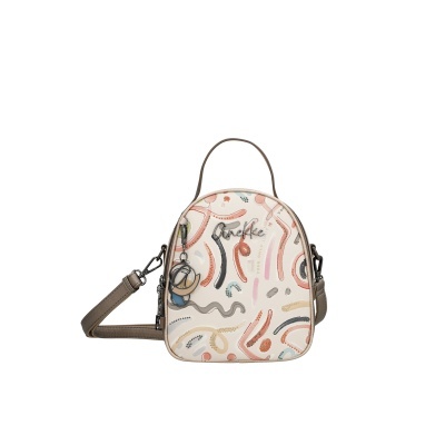 Mala de ombro pequena bege com padrão abstrato colorido e texto em relevo