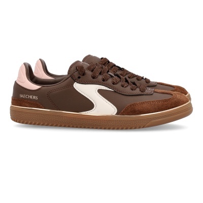 Ténis Skechers castanhos com faixa branca e sola castanha