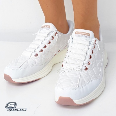 Ténis brancos Skechers com detalhes rosa