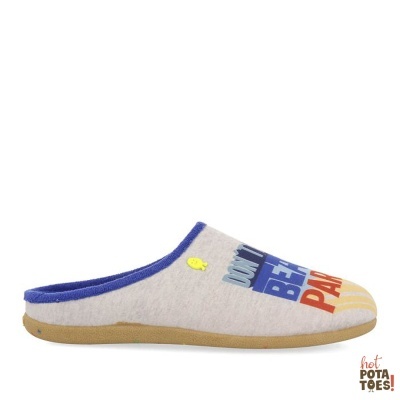 Pantufa cinza clara com sola castanha e padrão colorido com texto