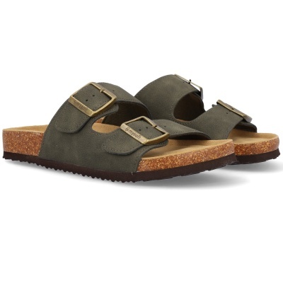 Sandálias verdes com duas fivelas douradas e sola em cortiça