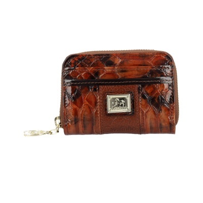 Carteira pequena castanha com padrão imitando pele de réptil e fecho dourado