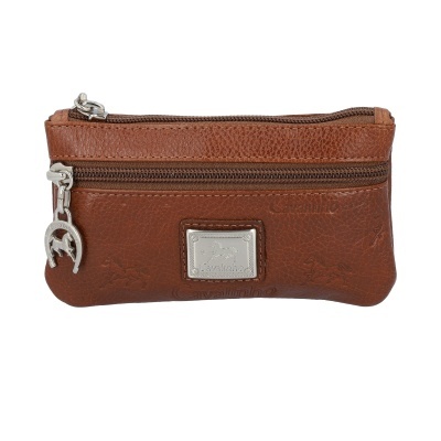 Carteira pequena castanha com fechos de correr e pendente metálico