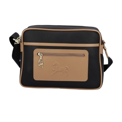Bolsa de ombro preta e bege com bolso frontal e relevo de cavalo