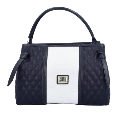 Mala de mão feminina azul escuro com faixa branca central e placa metálica Cavallino
