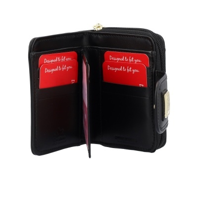 Carteira preta em pele genuína com compartimentos para cartões vermelhos