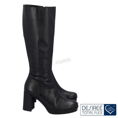 Bota preta alta feminina com salto grosso e plataforma