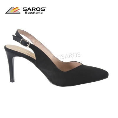 Sapatilha feminina preta de salto alto com tiras ajustáveis