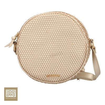 Mala de ombro redonda bege com textura entrelaçada e alça ajustável