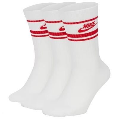 Três pares de meias brancas com riscas vermelhas e logo NIKE
