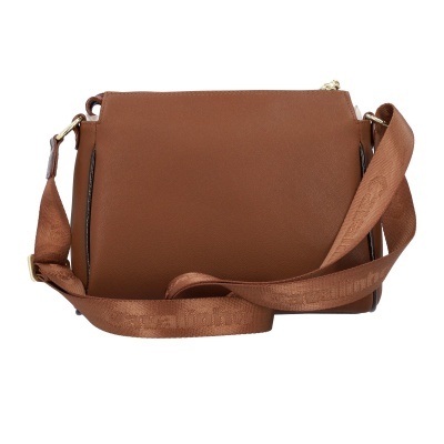 Mala castanha de material sintético com correia larga