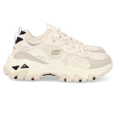 Ténis desportivos creme com sola robusta e logótipos Skechers e Goodyear