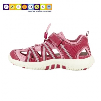 Sandália infantil rosa Pablosky com fecho velcro e cordão elástico
