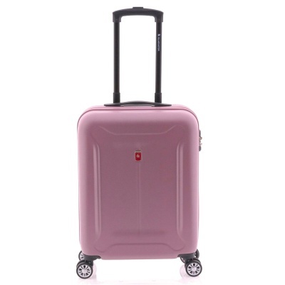 Mala de viagem rígida rosa com rodas e pega extensível preta
