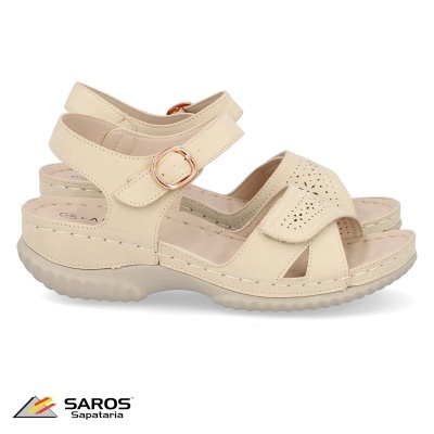 Sandálias femininas bege claro Saros com solado antiderrapante e detalhes perfurados