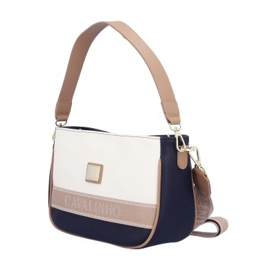 Mala de senhora azul escuro, branca e bege com alça, placa metálica e inscrição Cavalinho