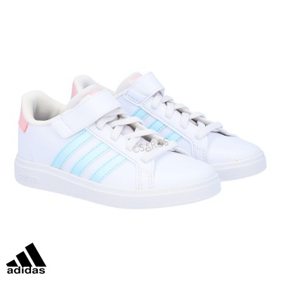 Ténis Adidas brancos com riscas azuis claras e fecho de velcro