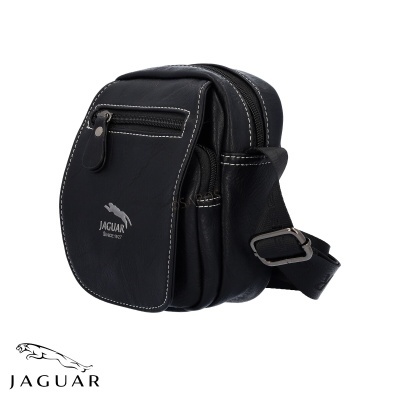 Bolsa preta pequena tipo couro com fecho e logotipo Jaguar