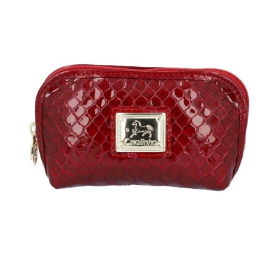 Bolsa pequena vermelha com padrão de pele de cobra, fecho dourado e placa Cavalinho