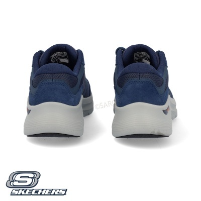 Sapatilhas azuis Skechers vista de trás com sola branca
