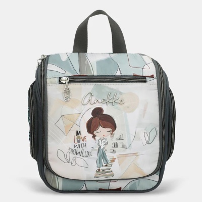 Mala Anekke tecido azul cinza bege com desenho e logo Anekke