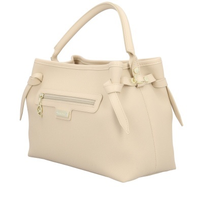 Mala de senhora bege claro com alça e fecho frontal dourado