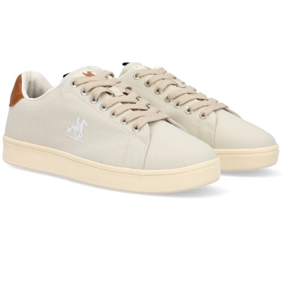 Sapatilhas bege claras com bordado branco e detalhe em couro castanho