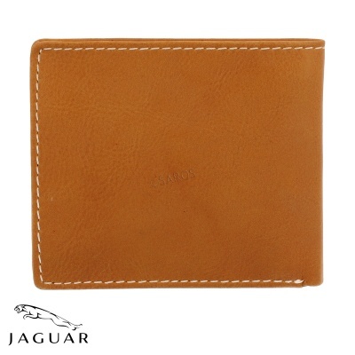 Carteira masculina de pele castanha com costura branca e logotipo JAGUAR