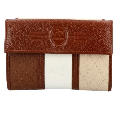 Carteira em pele castanha, tecido castanho e bege com faixa branca e marca Cavalinho