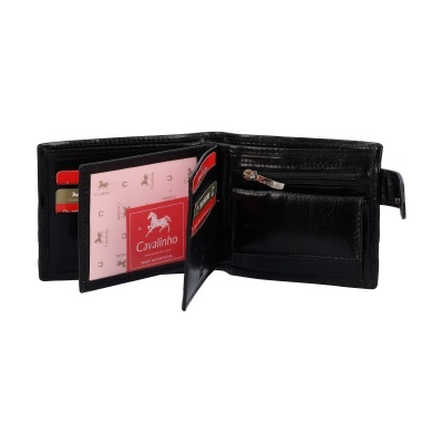 Carteira preta de pele Cavalinho aberta mostrando compartimentos e etiquetas