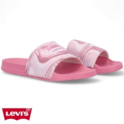 Chinelos Levi's rosa com padrão branco cor-de-rosa e logótipo vermelho