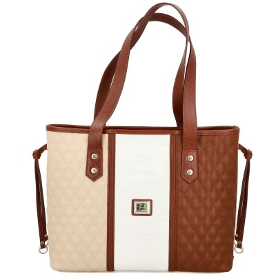 Mala de mão feminina bege, castanha e branca com padrão acolchoado e placa Cavalinho