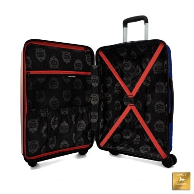 Mala de viagem azul com interior preto e cintas vermelhas