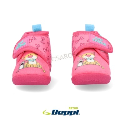 Chinelos de bebé cor-de-rosa com fecho de velcro azul e decoração de bebé animal e laços