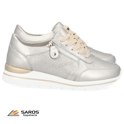 Sapatilhas femininas prateadas com cadarço bege e fecho de correr lateral