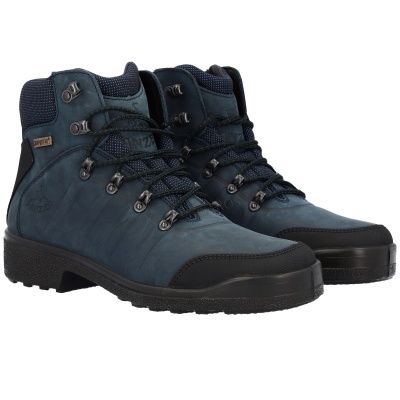 Par de botas rústicas azul-escuro com atacadores e sola preta