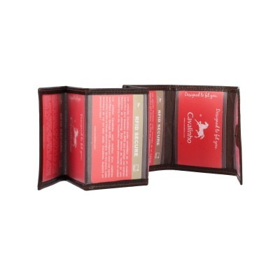 Carteira masculina de couro castanho com múltiplos compartimentos internos e cartões vermelhos