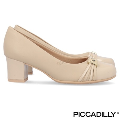 Sapatos de salto médio bege com detalhe dourado frontal