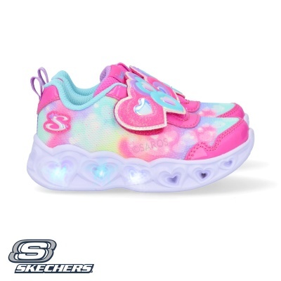 Tênis infantil Skechers colorido com corações e luzes na sola.