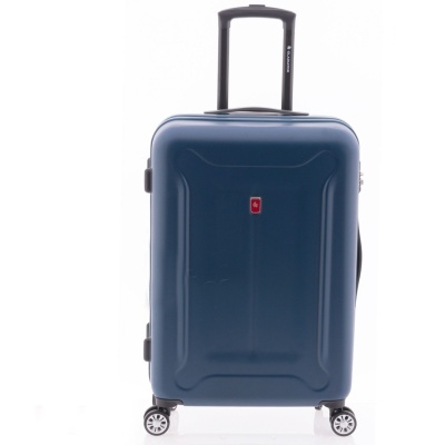 Mala de viagem rígida azul escura com pega extensível e rodas