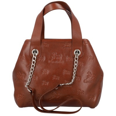 Mala castanha de pele com padrão e alça em corrente prateada