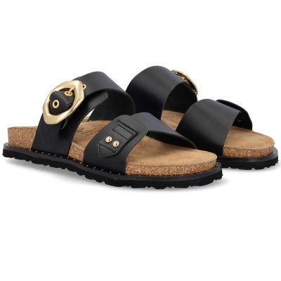 Sandálias pretas com fivela dourada e sola cortiça