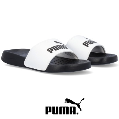 Chinelos de dedo Puma pretos e brancos com logo Puma