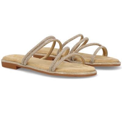 Sandálias rasas bege com tiras decoradas em pedras brilhantes